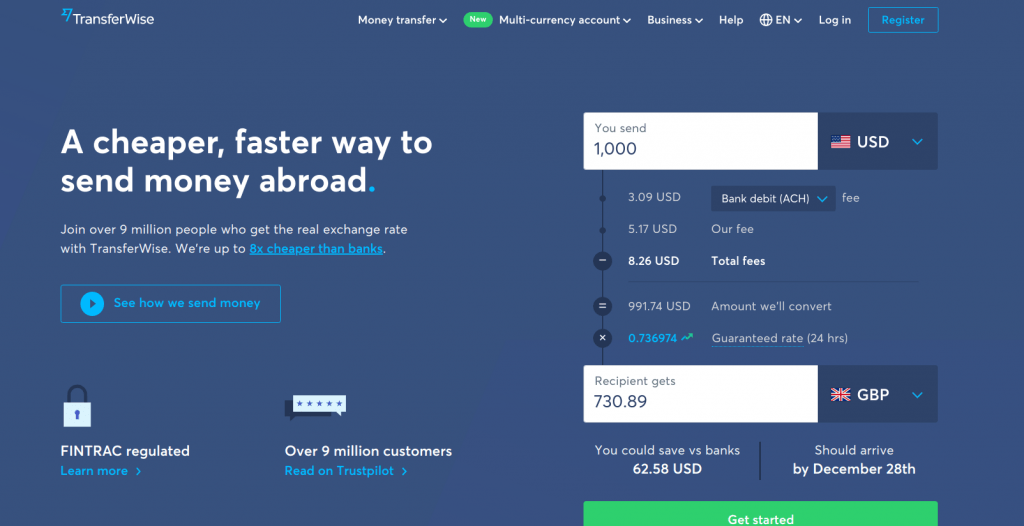 TransferWise home page screenshot